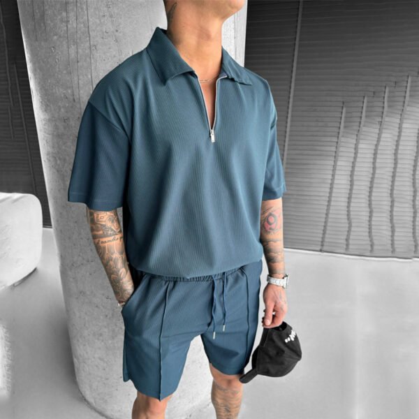 Fashion Mens Clothing Men's Zipper Polo Casual Short-sleeved Shorts Suit - Image 4