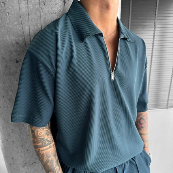 Fashion Mens Clothing Men's Zipper Polo Casual Short-sleeved Shorts Suit - Image 2