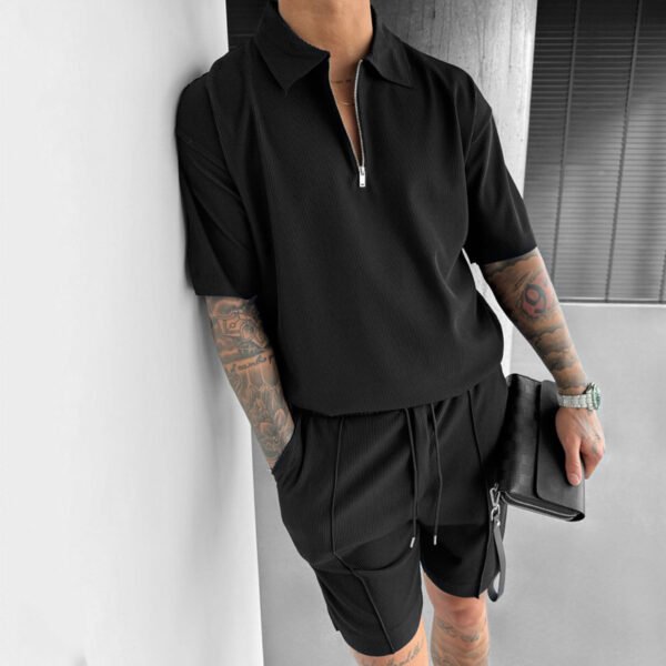 Fashion Mens Clothing Men's Zipper Polo Casual Short-sleeved Shorts Suit - Image 3