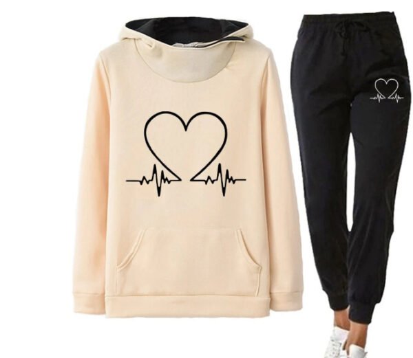 Love Heart Printed Sports Suit Hooded Sweatshirt Top And Drawstring Pants Fashion Casual Clothing For Women - Image 3